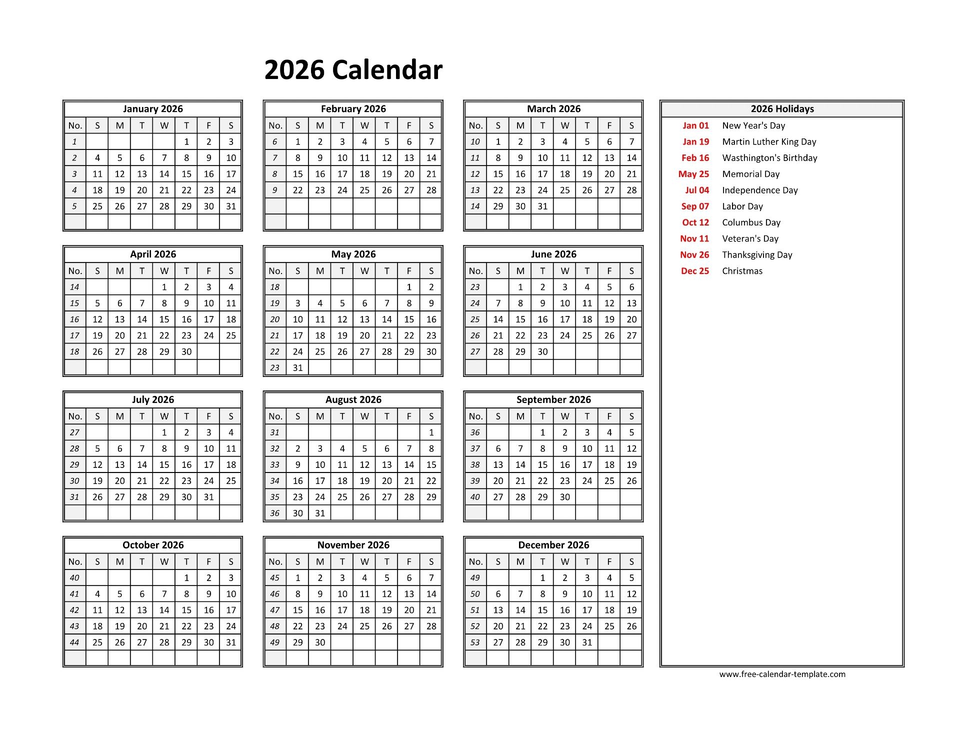 Printable Yearly Calendar 2026 Free calendar template