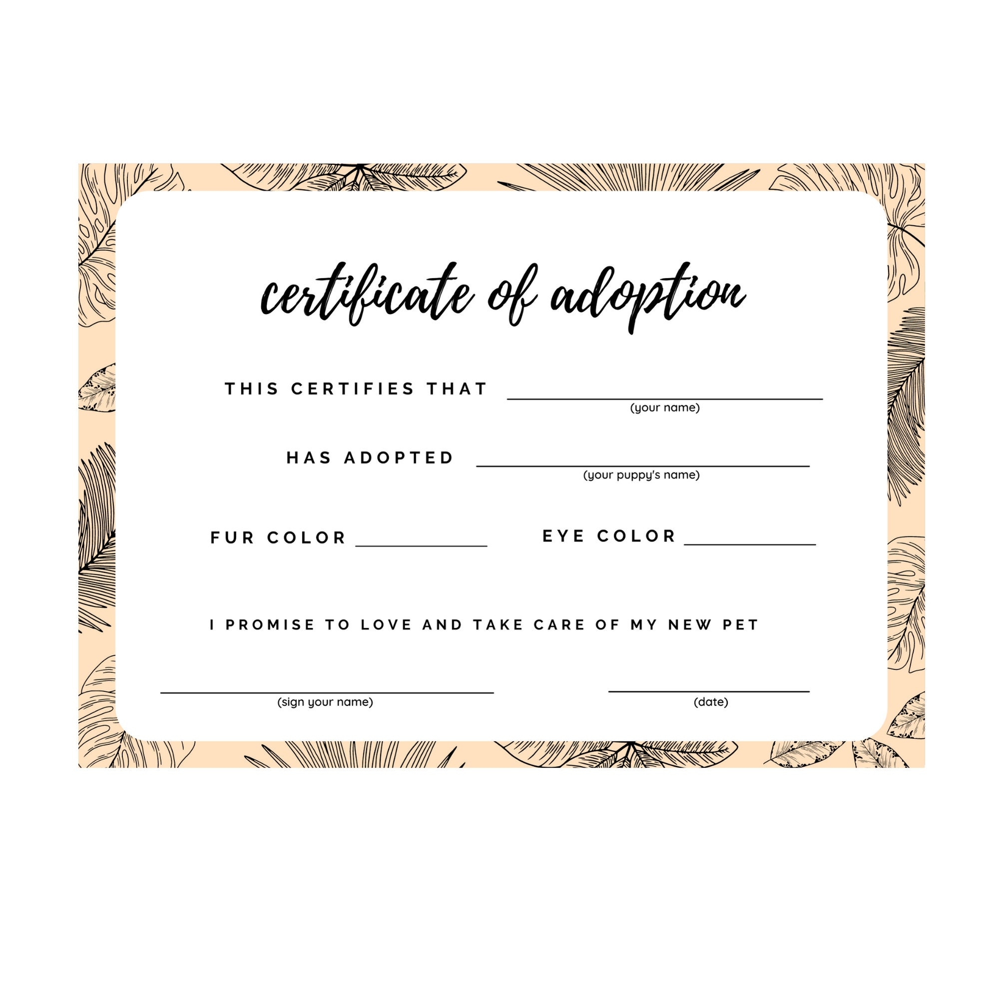 Puppy Adoption Certificate Adoption Certification Leaf Print Modern Pet Adoption Certificate Sign Printable Instant Download Etsy