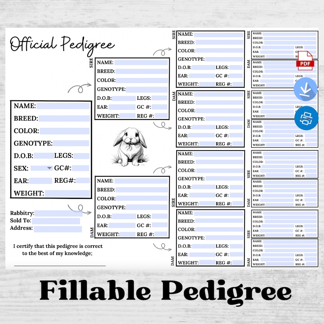 Rabbit Pedigree Template Fillable Pedigree Rabbit Pedigree Rabbitry Pedigree Rabbits Rabbitry Etsy