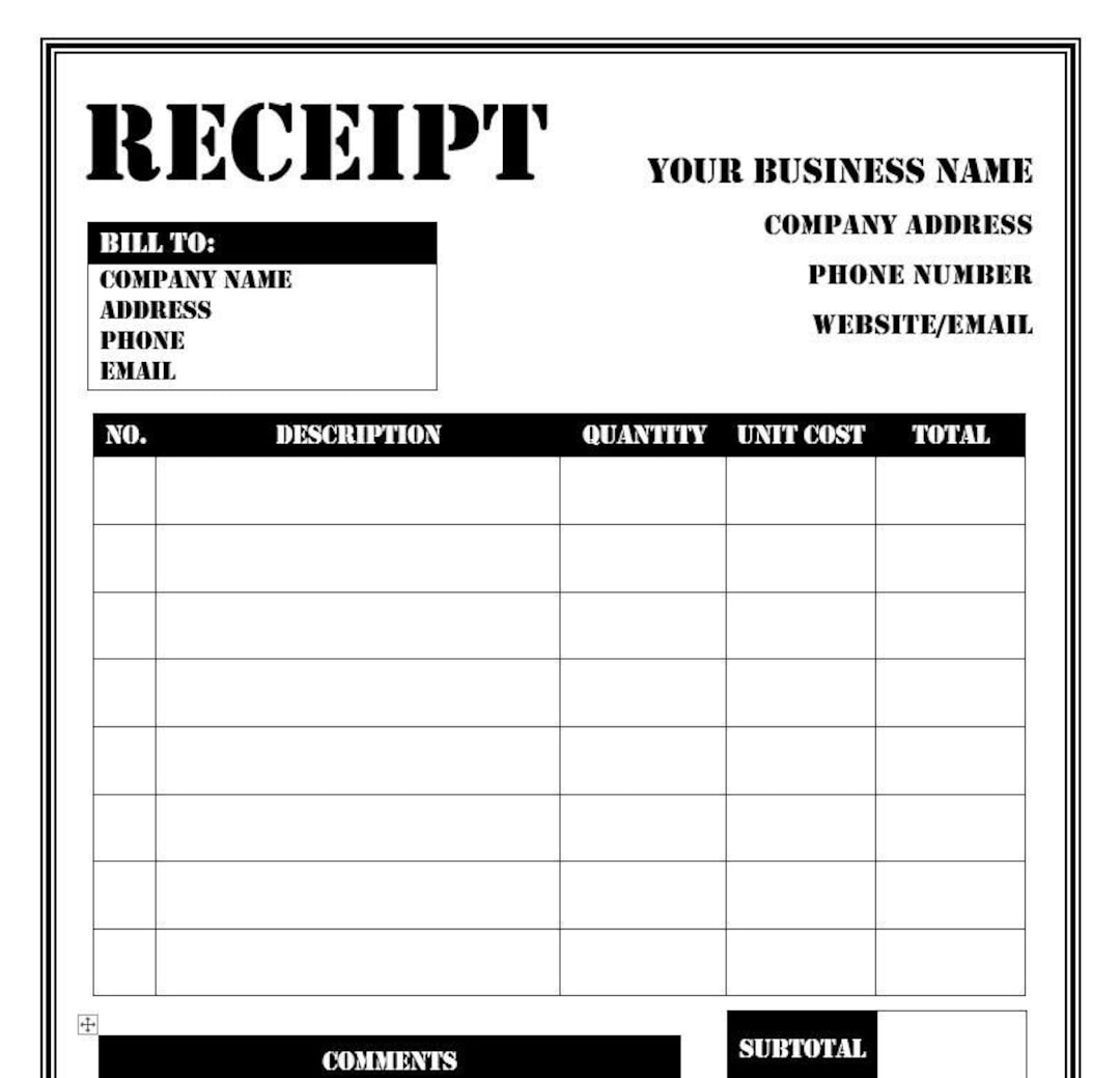 Receipt Template 4 Printable Editable Customizable Microsoft Word Template Black And White Etsy