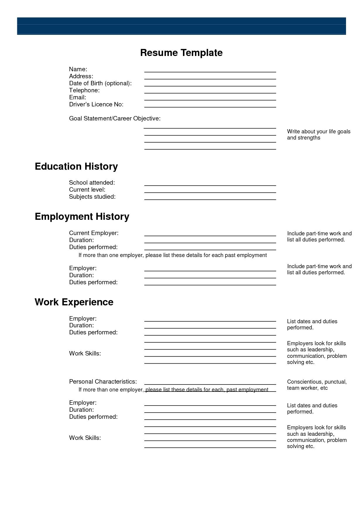 Free Printable Blank Resume Forms