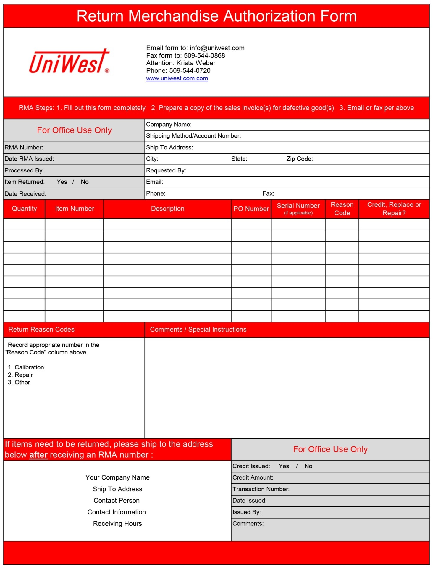 Return Merchandise Authorization RMA Request UniWest