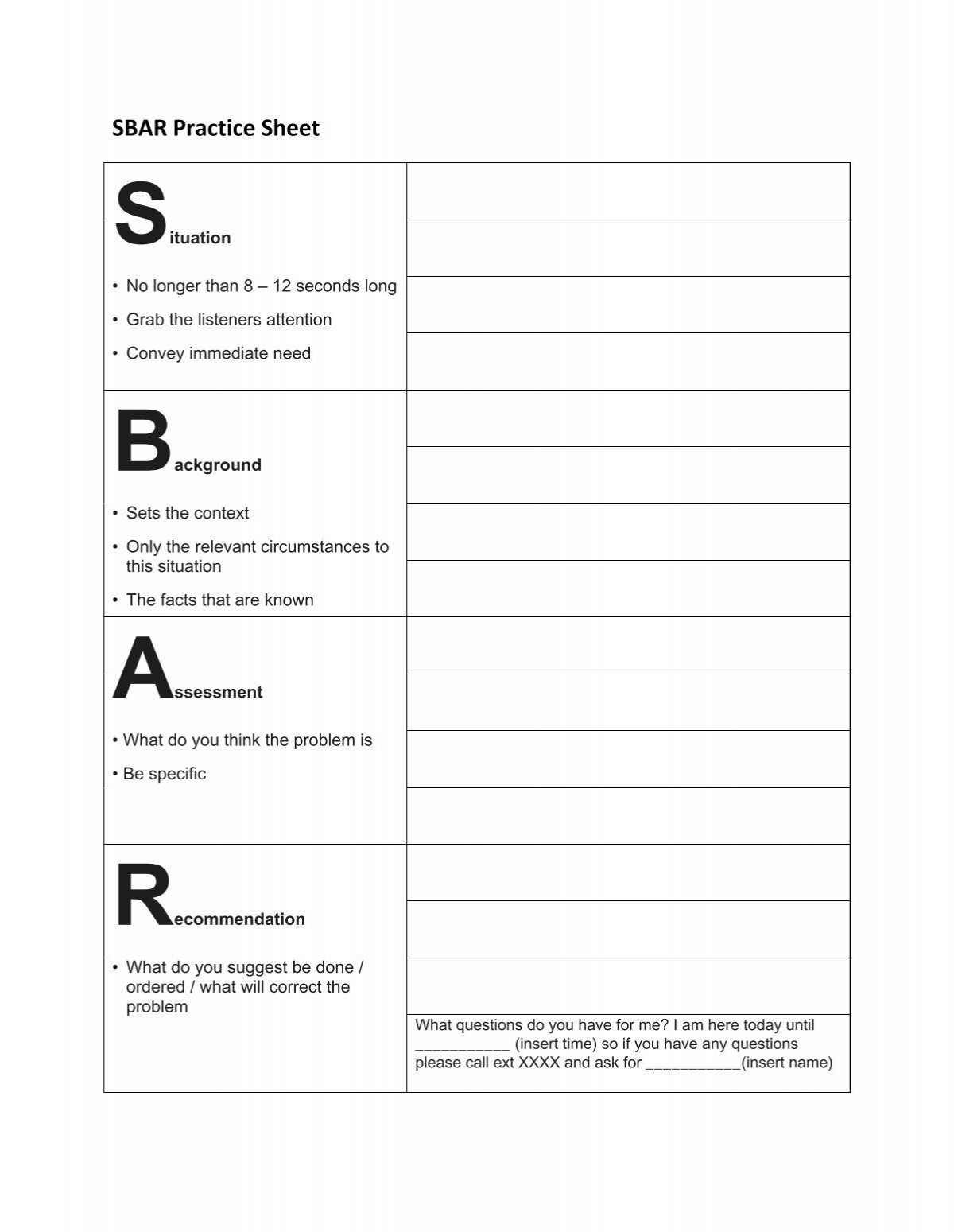 Printable Blank Sbar Template