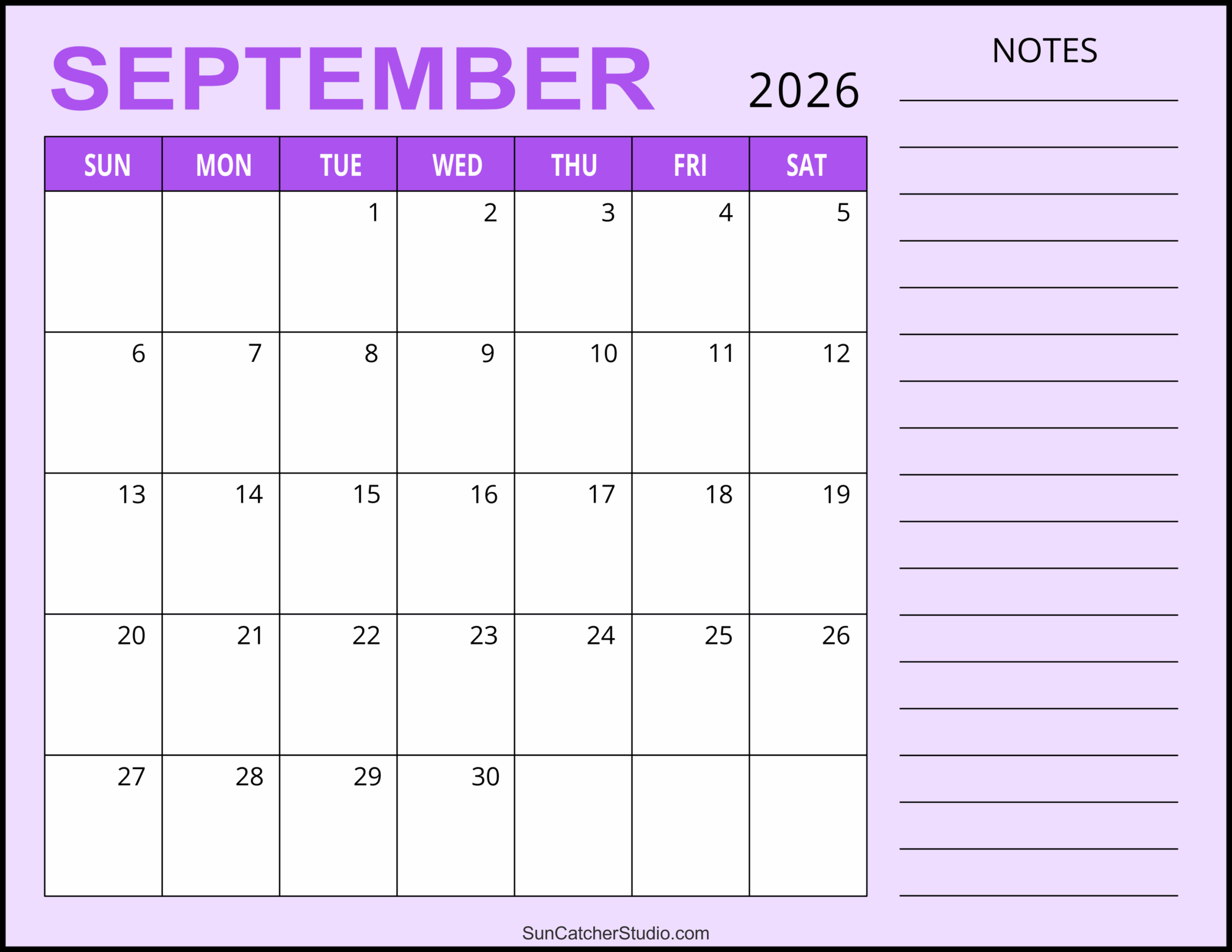 September 2026 Blank Printable Calendar