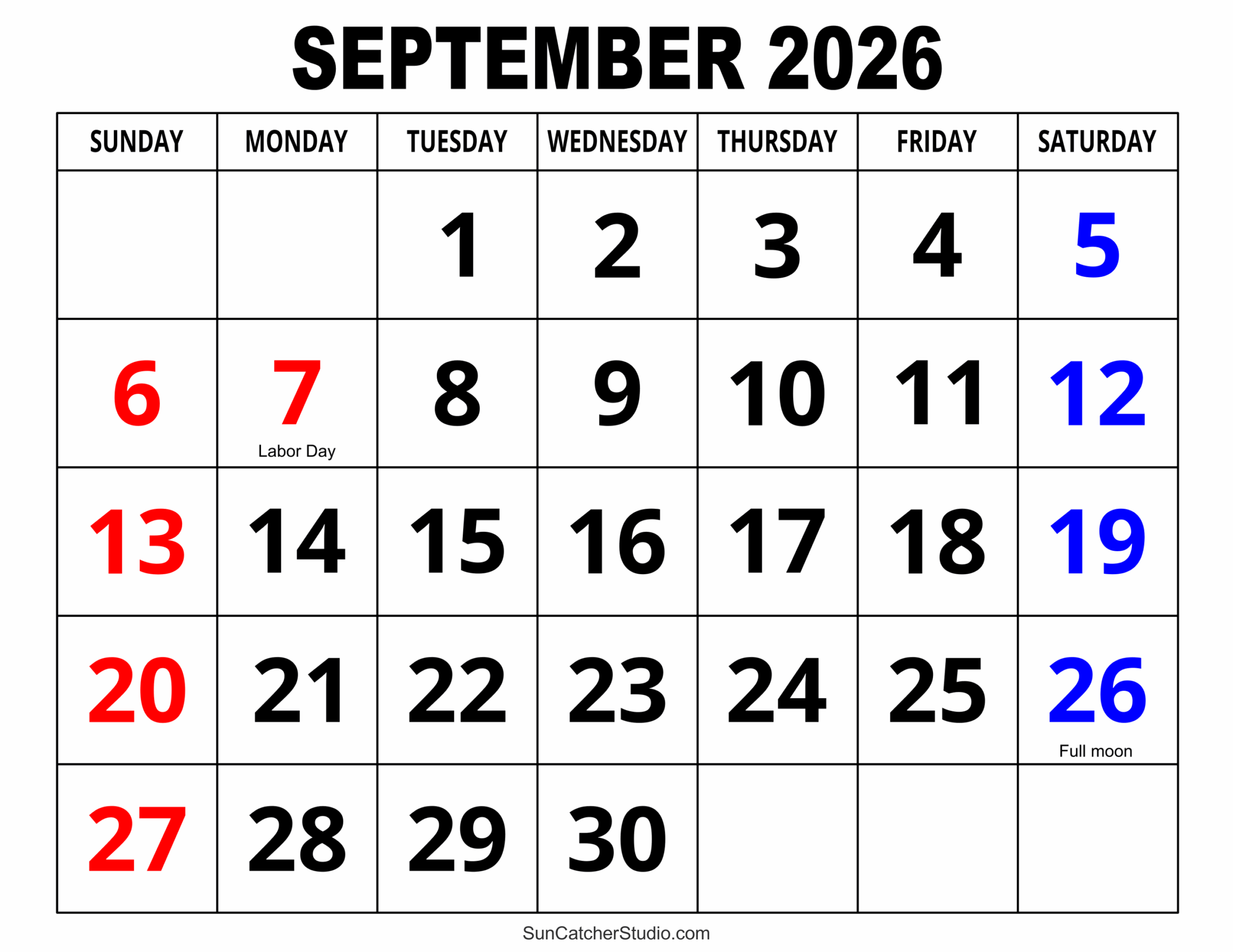 Blank September 2026 Calendar Preschool Printable