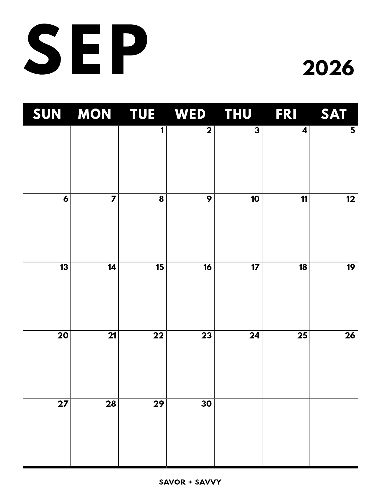 Blank Sept 2026 Calendar Printable