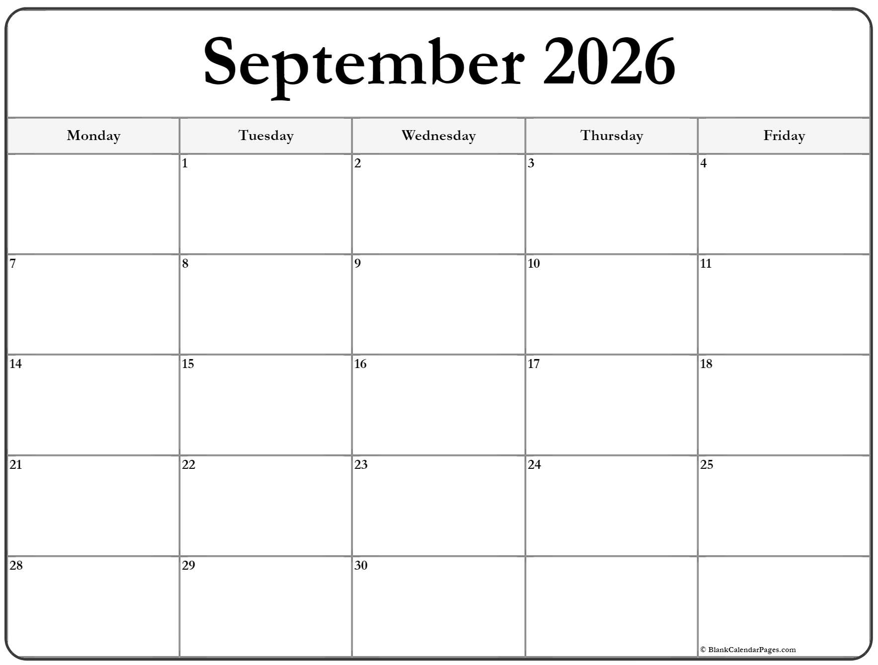 September 2026 Monday Calendar Monday To Sunday