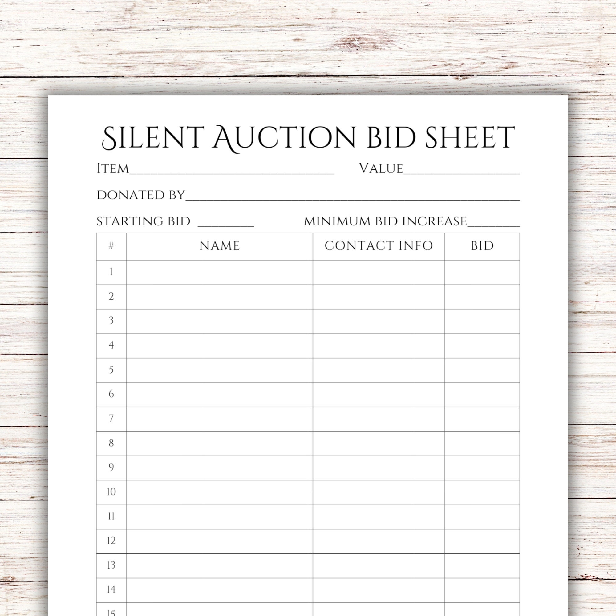 Silent Auction Blank Form Printable