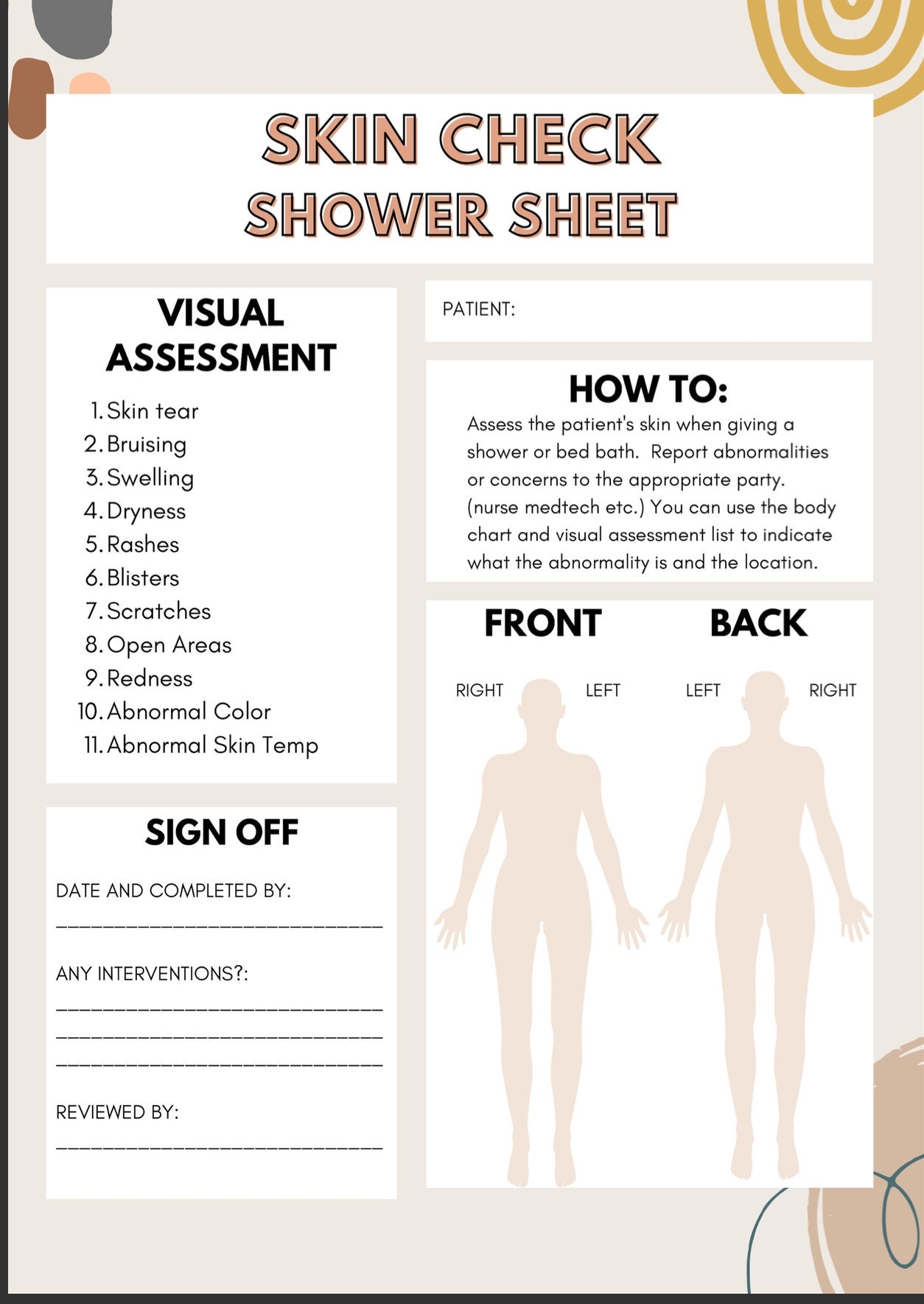 Skin Assessment Sheet SNF AL Hospital Great For New Grads And Care Staff Etsy