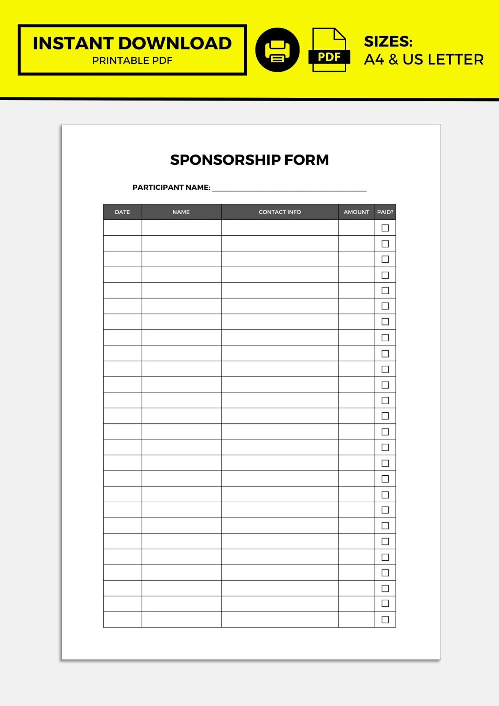 Sponsor Form Template Free Printable