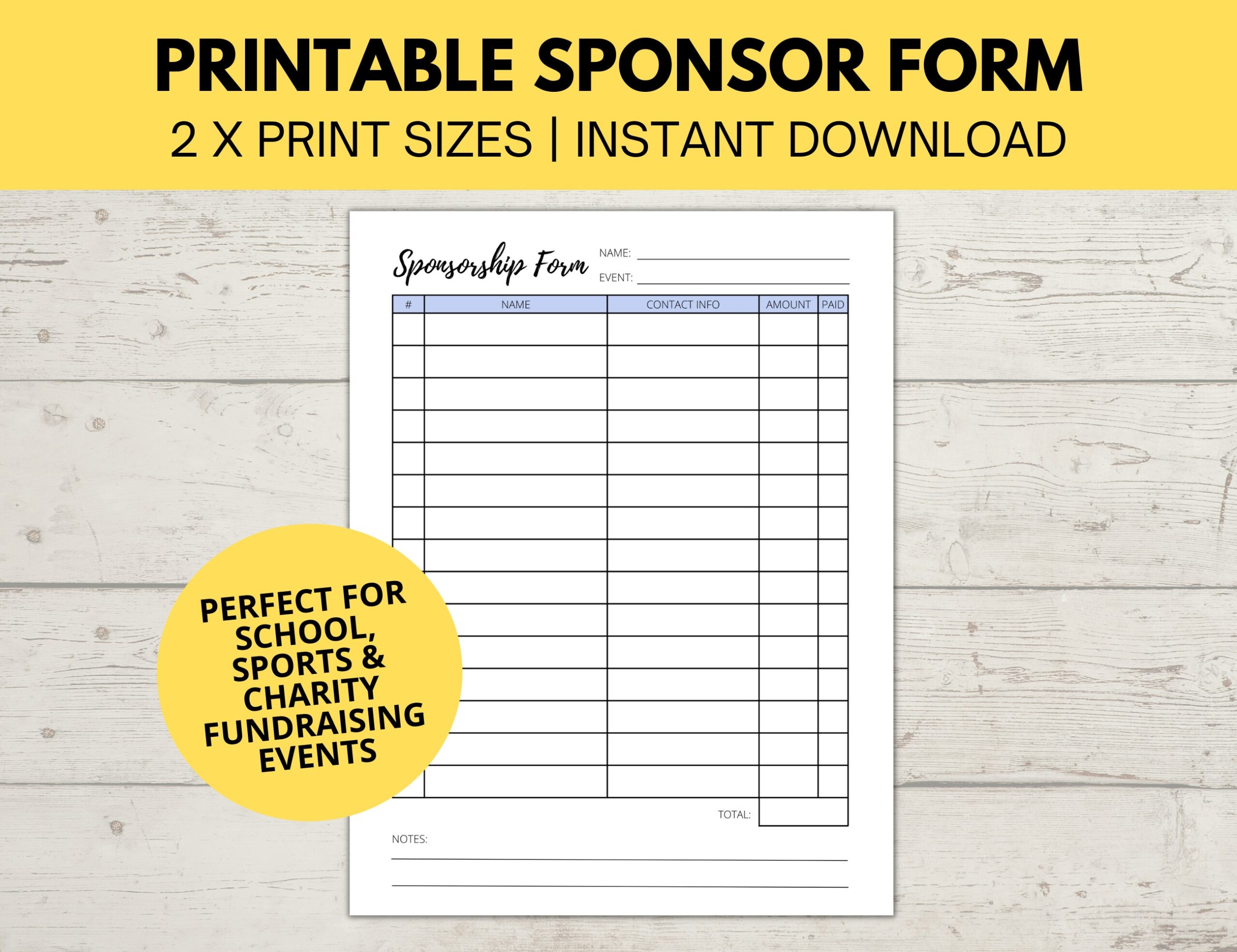 Sponsorship Form Printable Fundraiser Form Charity Fundraiser Donation List Sponsor Template Event Sponsor Form Instant Download Etsy