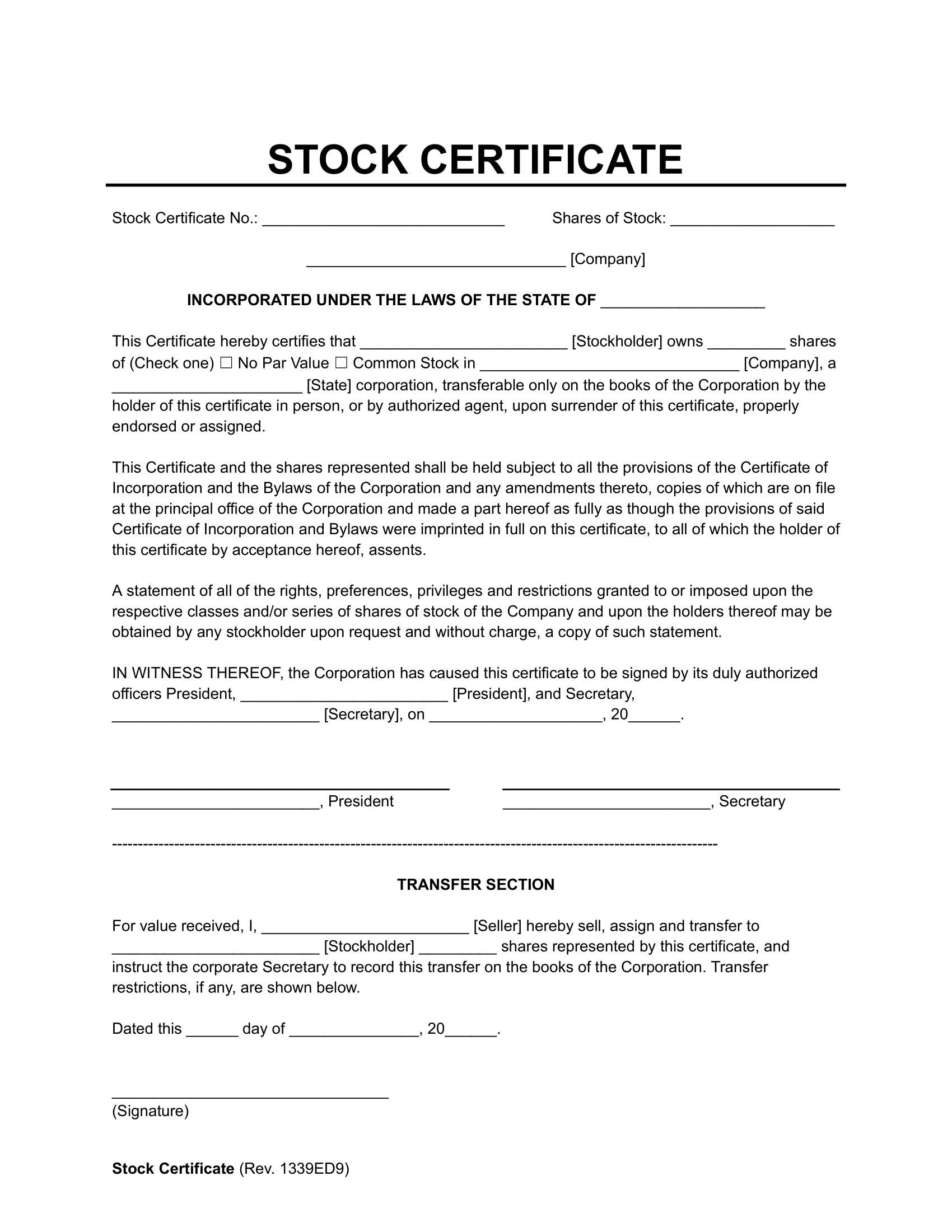 Corporate Blank Printable Stock Certificates
