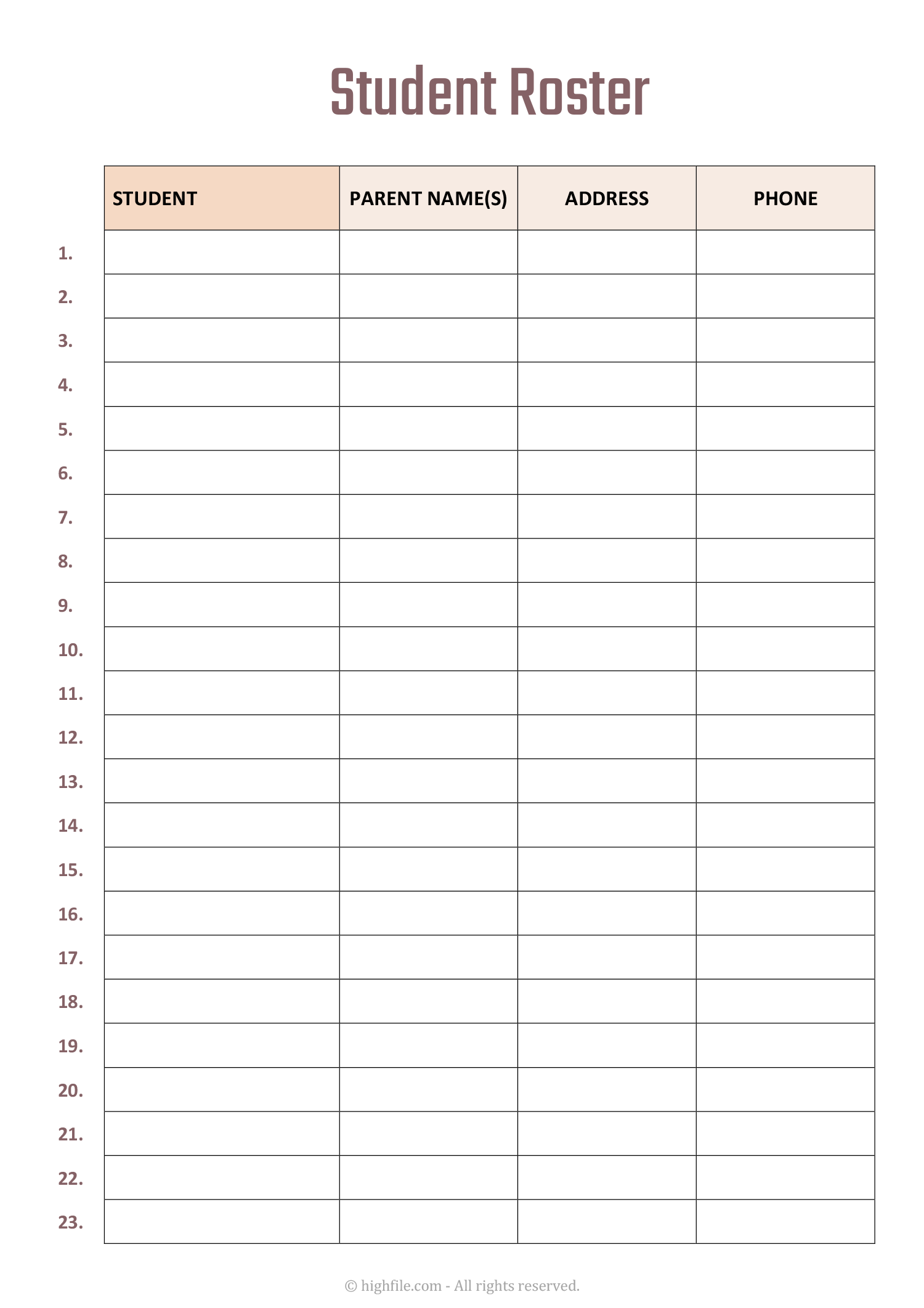 Student Roster Template Word PDF Highfile