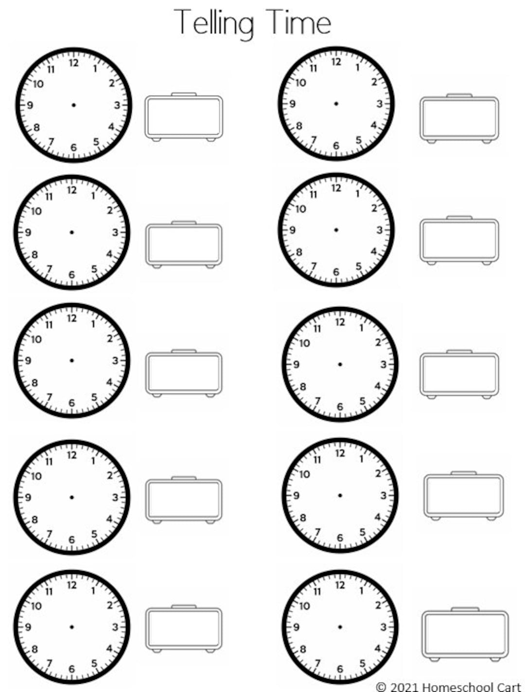 Telling The Time Blank Clocks Worksheet Template Etsy