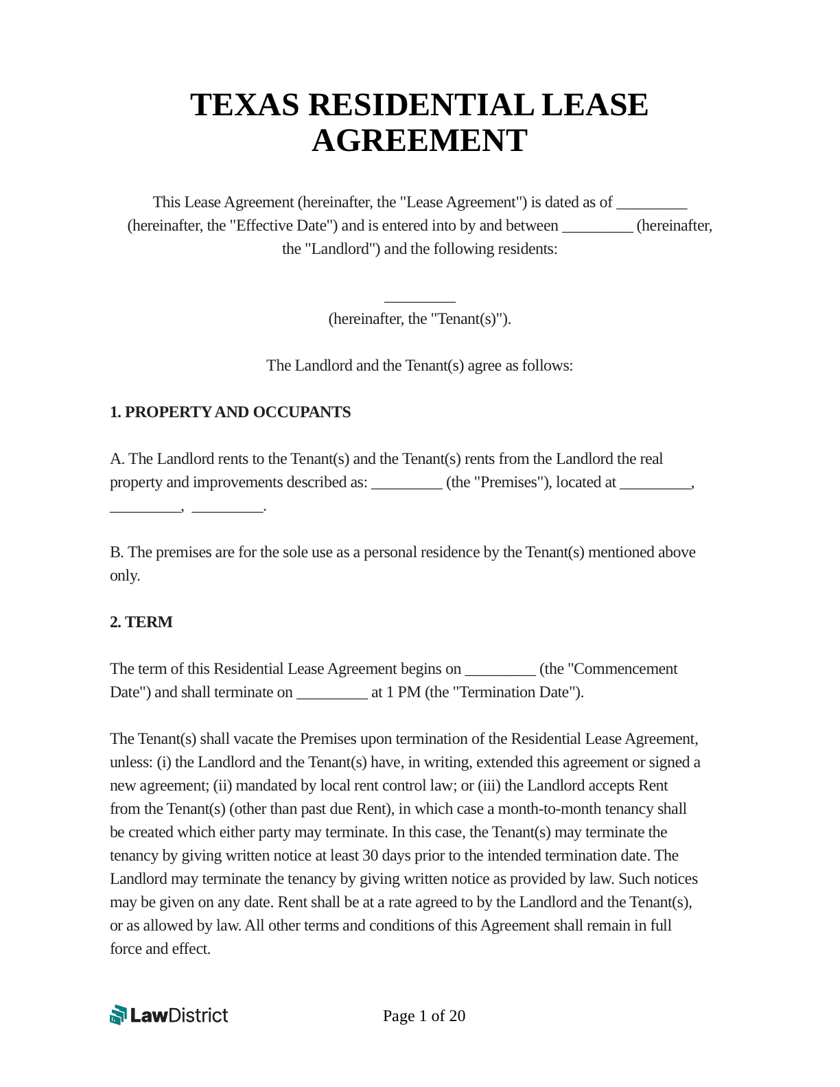 Printable Blank Texas Rental Agreement