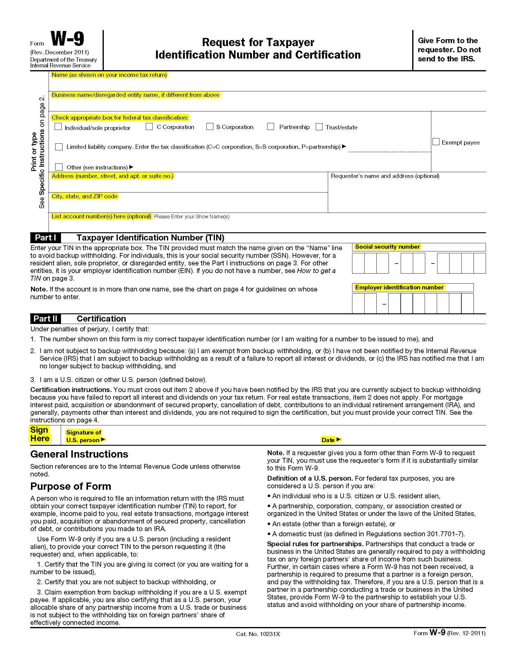 W 9 Form Blank Printable