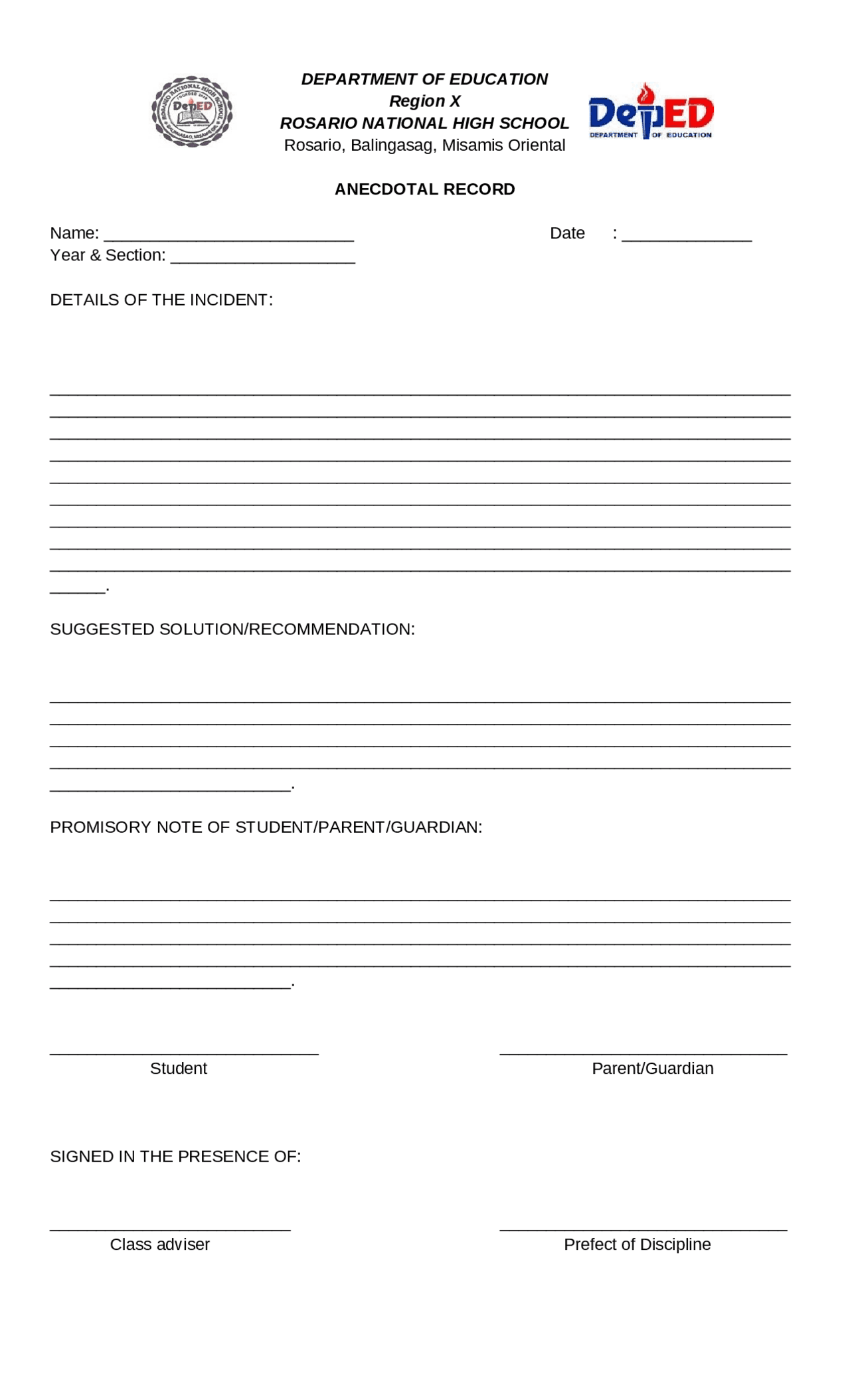 This Form Is An Anecdotal Record Form In Accomplishing Guidance Report Cheat Sheet Law Docsity