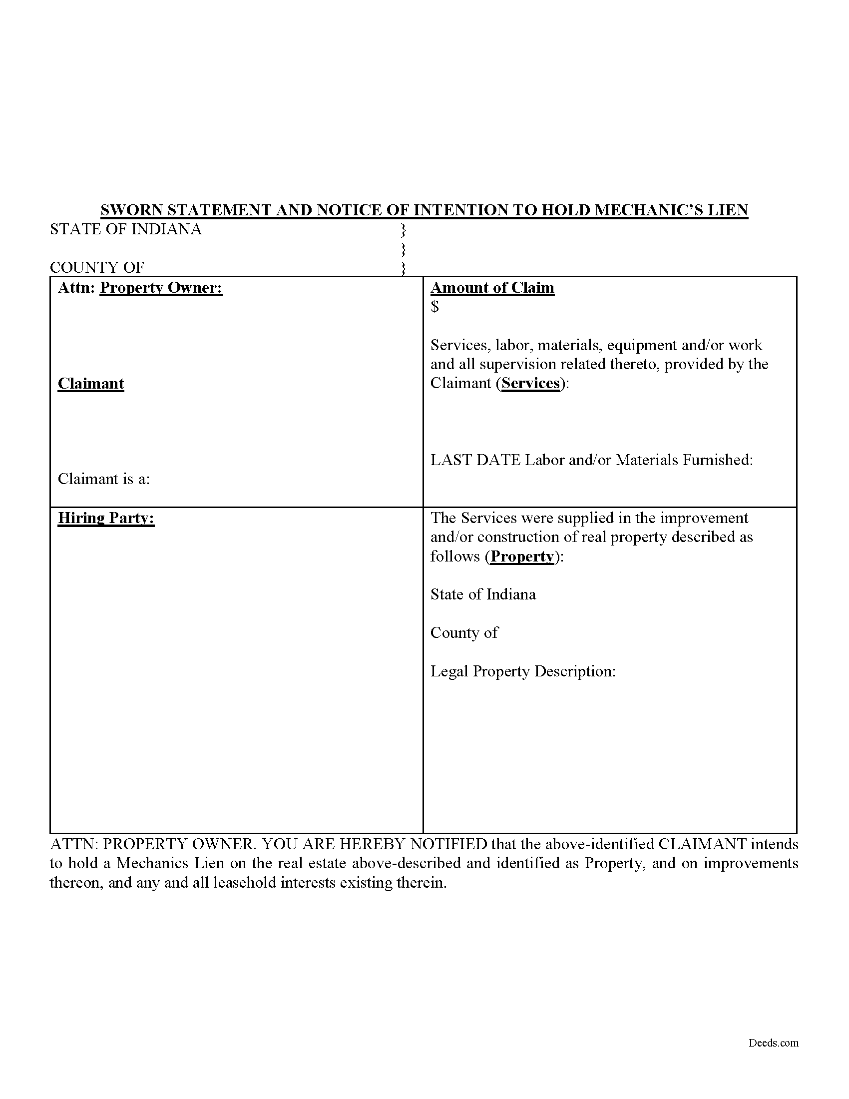 Tippecanoe County Mechanics Lien Form Indiana Deeds