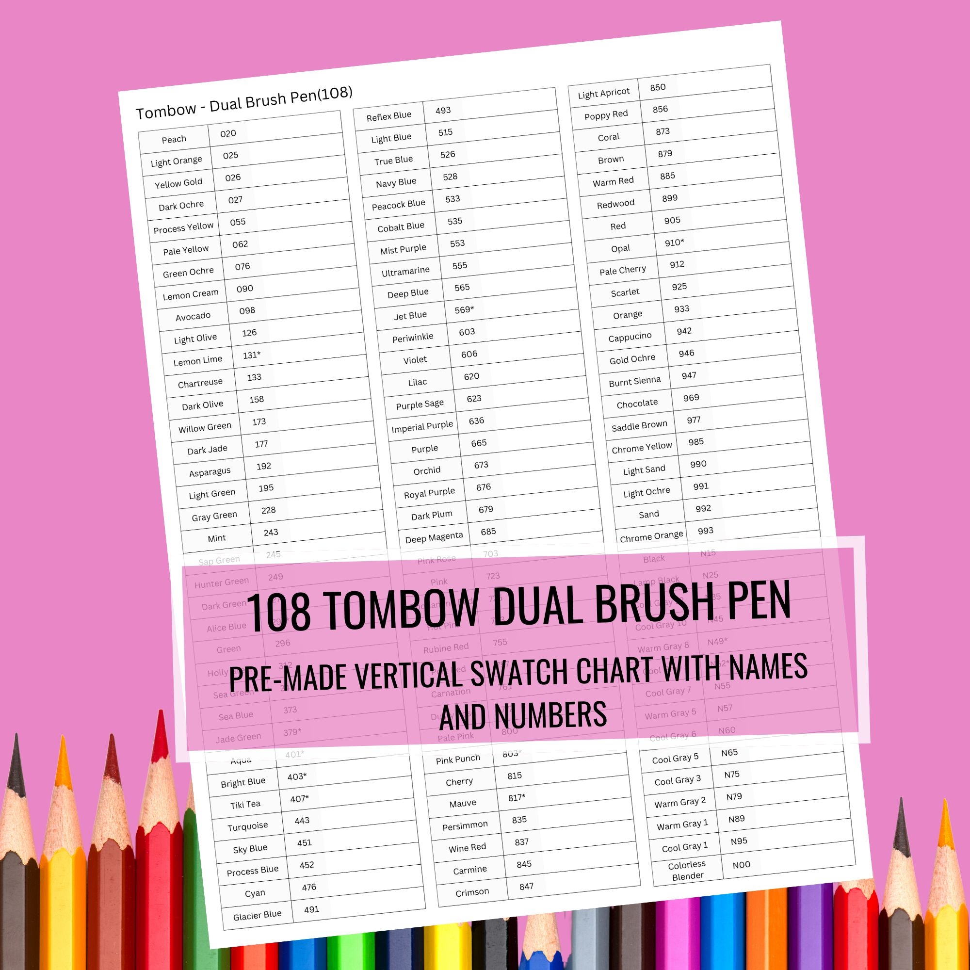 Tombow 108 Dual Brush Pen Swatch Chart US LETTER A4 