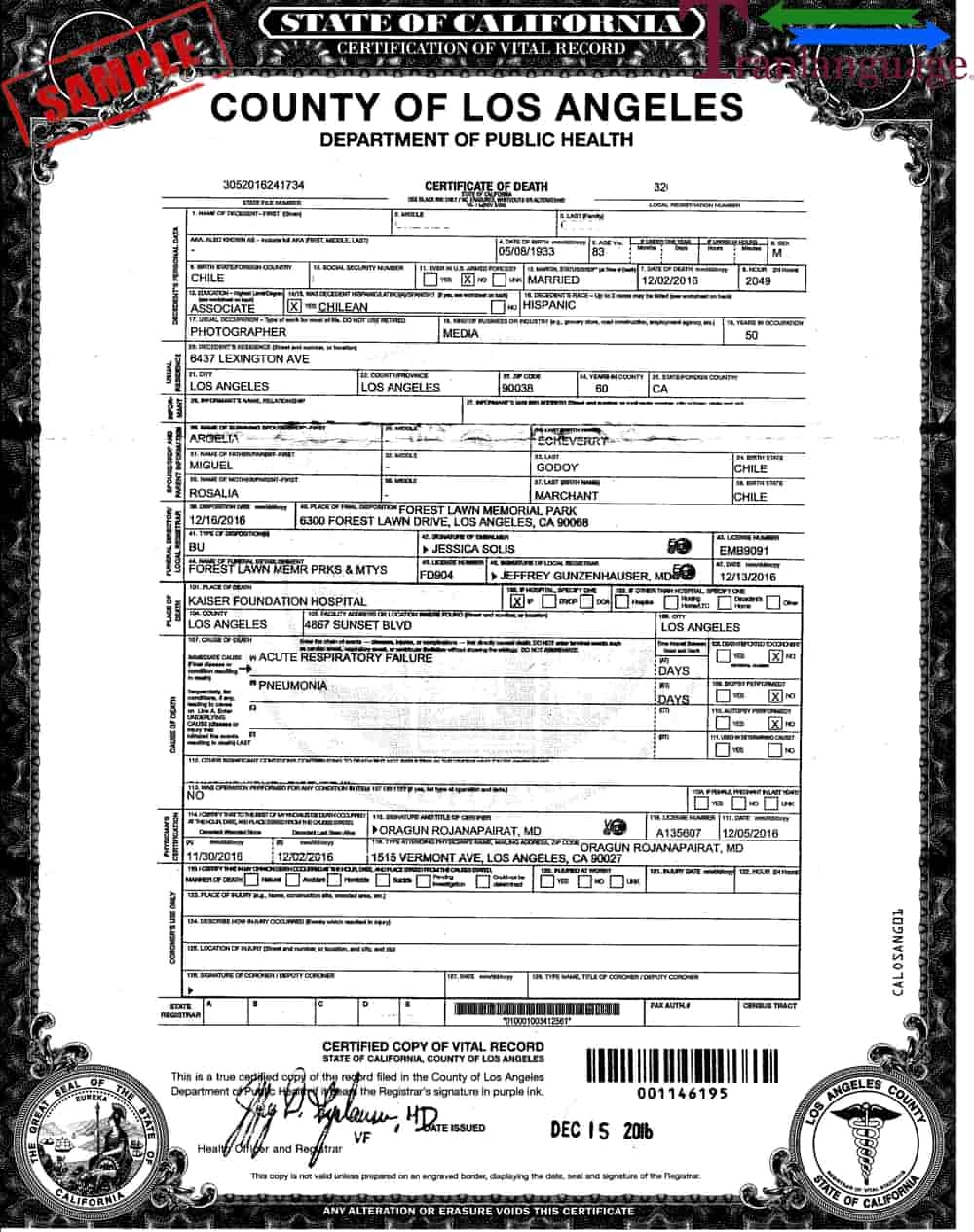 Translation Of Death Certificate US California I Certified Translations