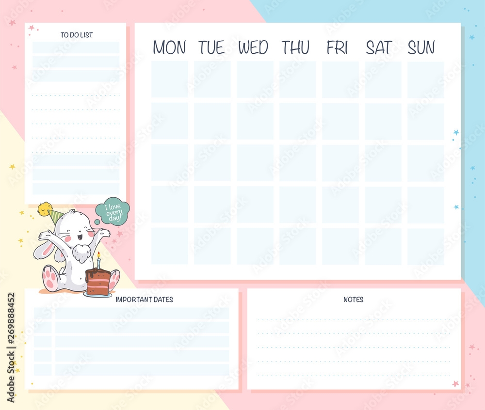 Vector Set Of Monthly Planner Page Design Template Calendar For Children Cute Hand Drawn Little Bunny Character Flat Lay Mock Up Pastel Colors Back To School Equipment Stock Vector Adobe Stock