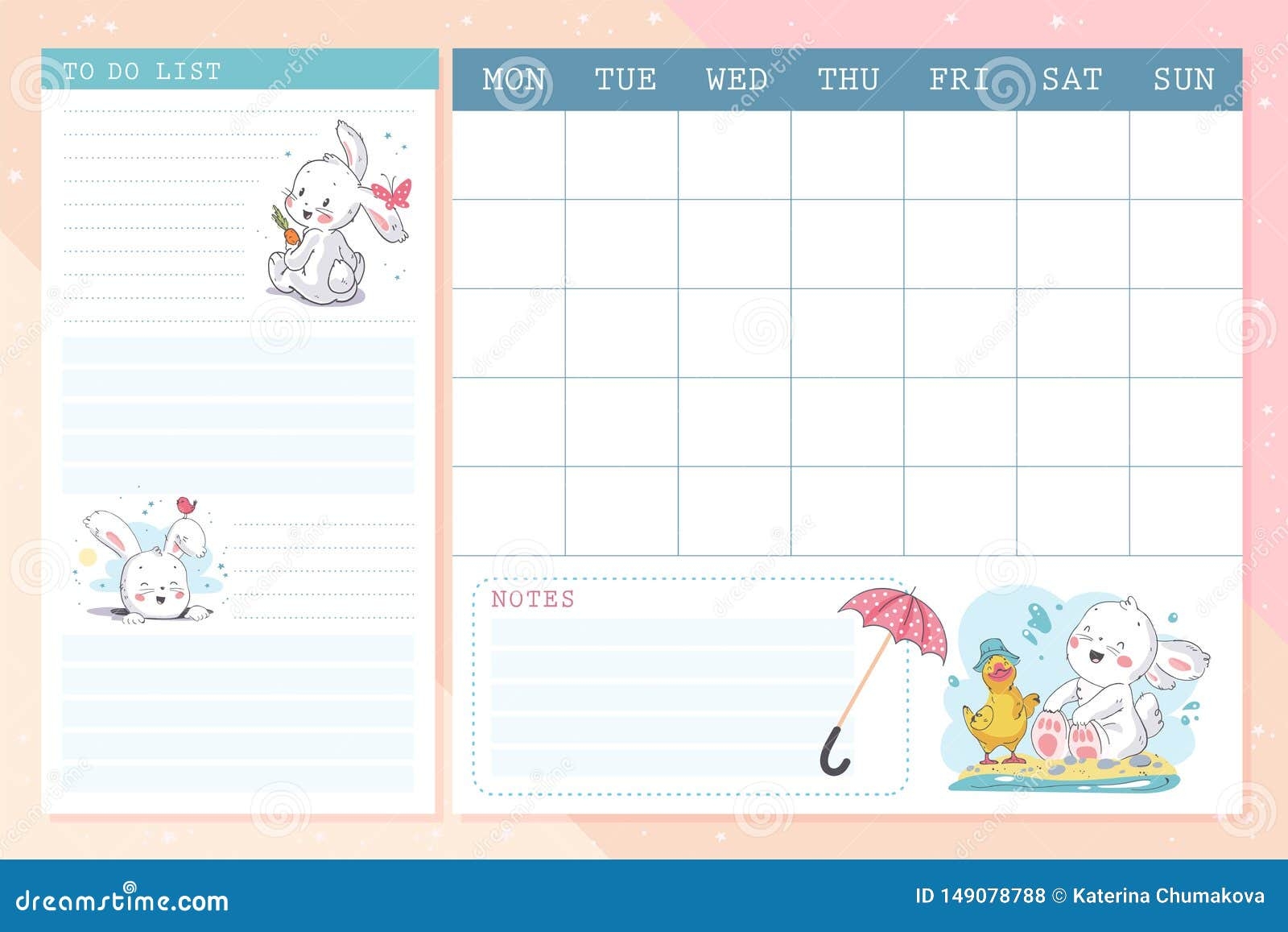 Vector Set Of Monthly Planner Page Design Template Calendar For Children With Cute Hand Drawn Little Bunny Character Stock Vector Illustration Of Cartoon Flat 149078788